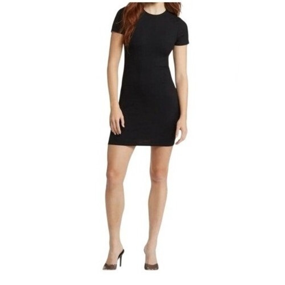 Open Edit Women's Black Ribbed Knit Bodycon Mini T-Shirt Dress Size Medium